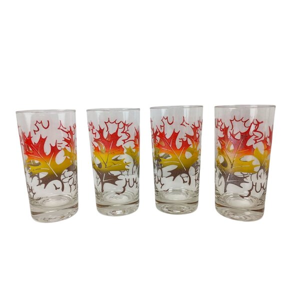 Vintage Fall Oak Leaves Orange/Yellow/Brown Retro Glass Tumblers Set Of 4 - Picture 2 of 6